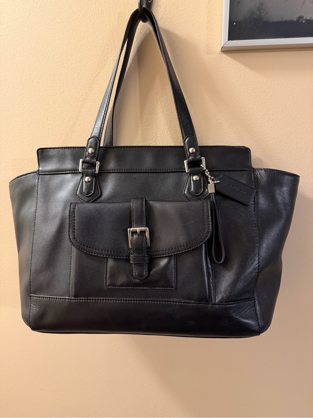 Coach 2014 F31601 Black Leather Tote Bag with Front Buckle Pocket